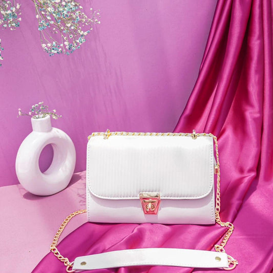 Textured Flap Shoulder Bag with Gold Chain and Turn-Lock Closure